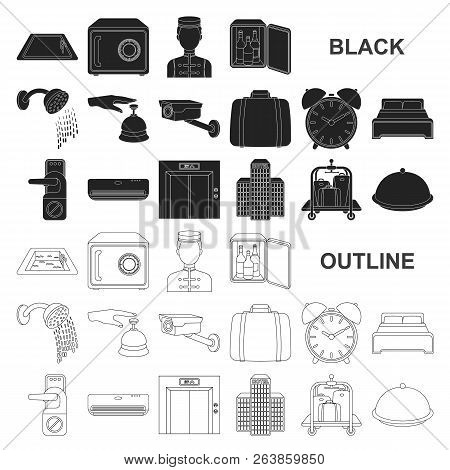 Hotel And Equipment Black Icons In Set Collection For Design. Hotel And Comfort Vector Symbol Stock 