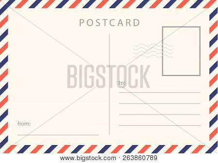 Travel Card Design. Realistic Vintage Postcard With Red And Blue Borderline. Vector Stock.