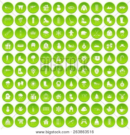 100 Wine Icons Set Green Circle Isolated On White Background Illustration