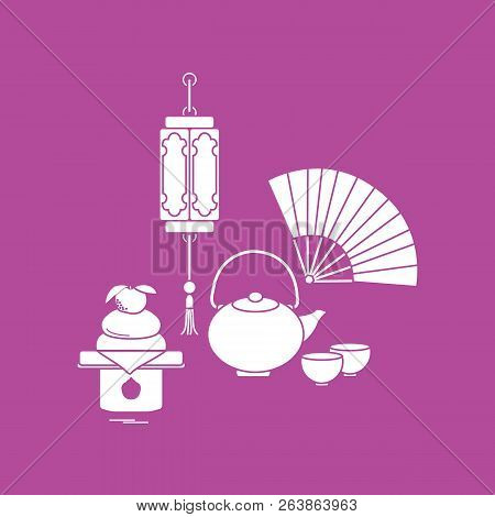 Eastern New Year Symbols. Chinese Lantern, Kettle With Two Cups, Fan, Kagami Mochi. Festive Traditio
