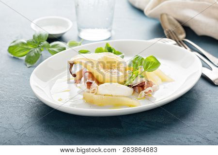 Poached Pear With Fresh Cheese And Proscuitto And Watercress, Fall Appetizer