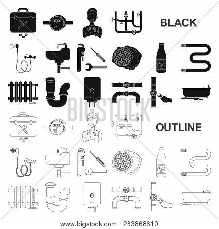 Plumbing, Fitting Black Icons In Set Collection For Design. Equipment And Tools Vector Symbol Stock 