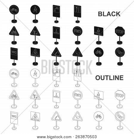 Different Types Of Road Signs Black Icons In Set Collection For Design. Warning And Prohibition Sign