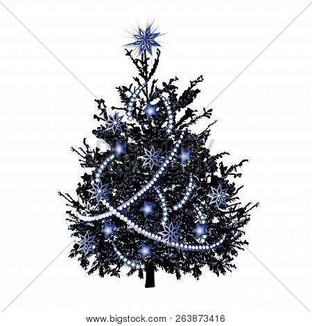 Christmas Fir-tree With Yellowish Needles And Gold Sparks, The Color Vector Drawing On A White Backg