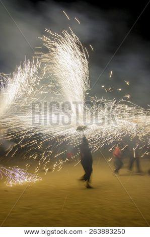 Amazing Rain Of Fire At Catalonian Traditional Fest Called Correfoc