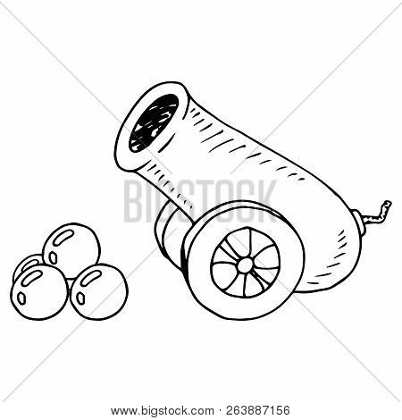 Cannon With Cannonballs. Vector Illustration Of An Old Gun. Hand Drawn Old Cannon With Cannonballs.