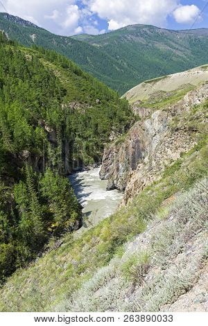 The Chuya River In A Narrow Canyon.  End Of The Mazhoy Cascade. August. Surroundings Of The Village 