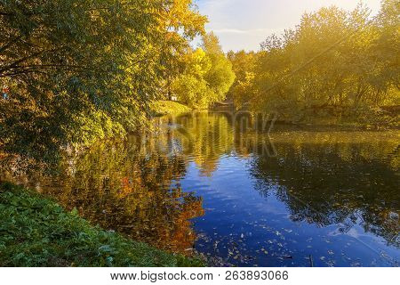 A Beautiful Autumn Day, An Ornamental Pond In The City Cemetery, A Reflection Of Colorful Trees And 