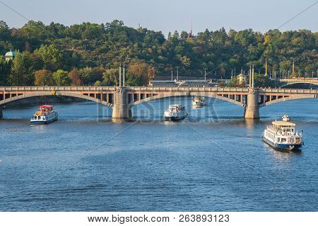 View To Vitava River From Charles Bridge In Prague, Beautiful Summer Day