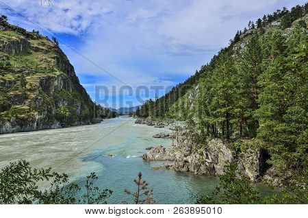 Beautiful Sunny Summer Landscape On Place Where Chemal River Flows Into Katun River - Two Fast Mount
