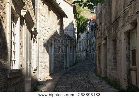 Old Narrow Winding Street. Montenegro, View Of Gabela Street In Risan Town, This Is One Of The Oldes