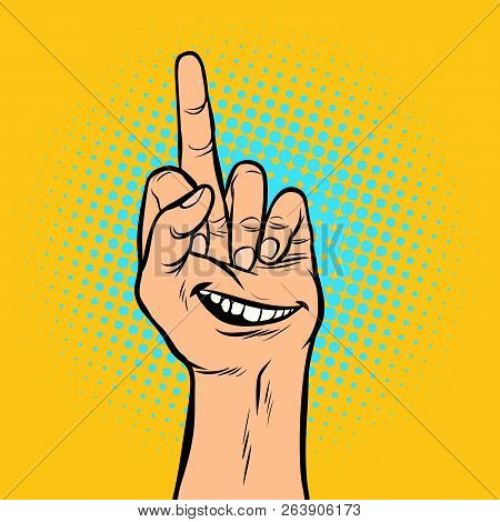 Smile Joy Emotion Fuck You Hand Gesture. Comic Cartoon Pop Art Retro Vector Illustration Drawing