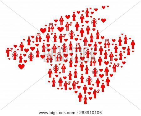 Mosaic Map Of Majorca Formed With Red Lovely People. Vector Lovely Geographic Abstraction Of Map Of 