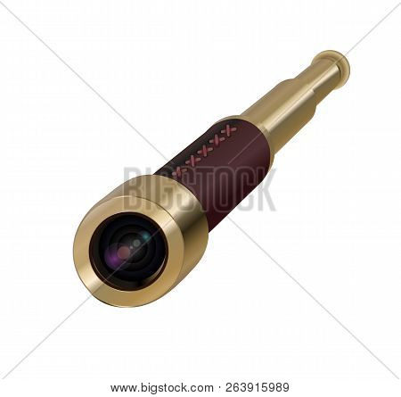 Brass Hand Held Telescope, Pirate Spyglass. 3d Realistic Isolated On White Background