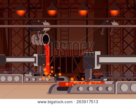 Steel Production Flat Composition Casting Process In Foundry Work Shop With Automated Equipment Vect