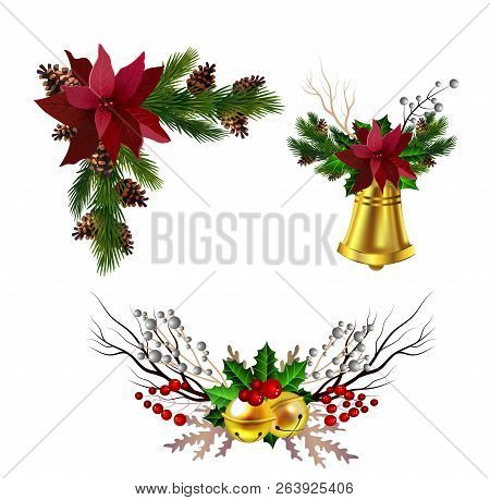 Christmas Decoration Set With Evergreen Treess Pine Cones And Poinsettia Isolated Vector