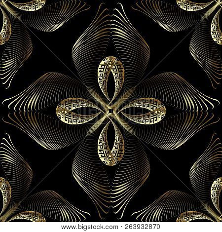Meanders Greek 3d Vector Seamless Pattern. Floral Greek Key Orna