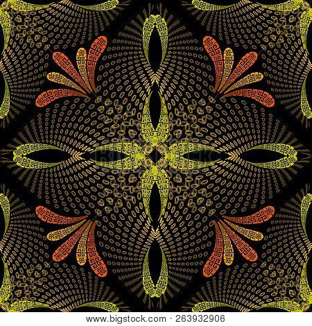 Meanders Greek 3d Vector Seamless Pattern. Floral Greek Key Orna