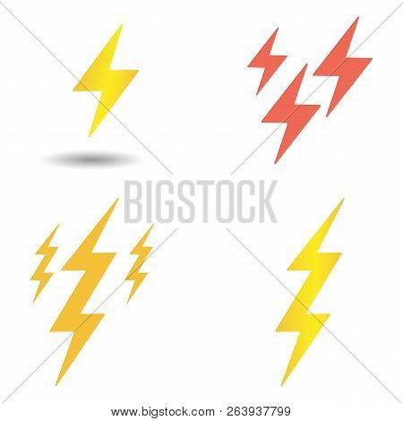 Set Lightning Bolt Vector. Yellow And Red Lightning Strikes. Elements Isolated On Light Background.