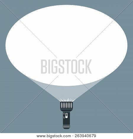 Flat Vector Design Of Hand Flashlight And Projection Round Light Beam. Illustration Of A Place For Y