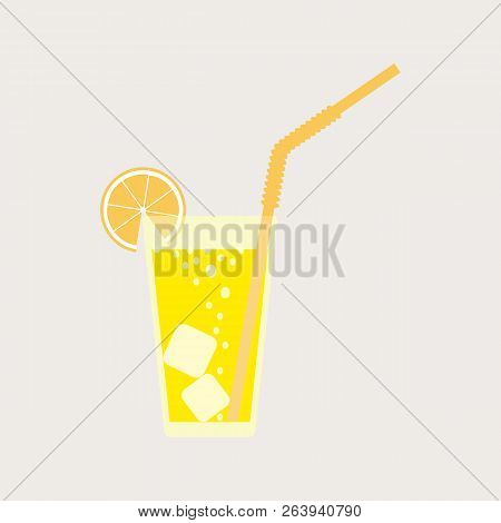 A Glass Of Lemonade, A Soda With Ice. Lemon Juice. A Glass Of Lemon Cocktail With A Straw. Vector Il