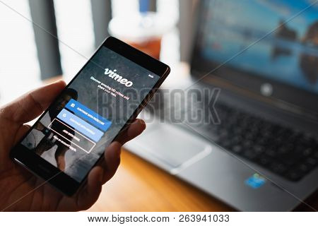 Chiang Mai, Thailand - July 13,2018: Man Holding Huawei With Vimeo On Screen.  Vimeo Is A Video-shar