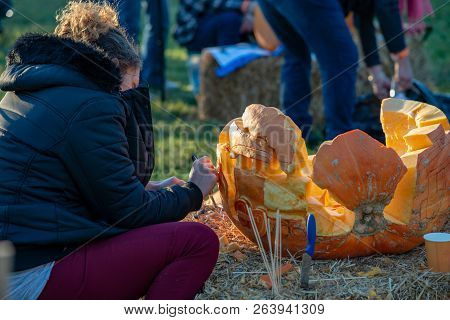 Chadds Ford, Pa - October 18: Person Carving Pumpkin At The Great Pumpkin Carve Carving Contest On O