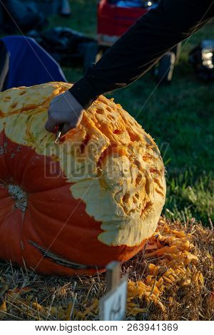 Chadds Ford, Pa - October 18: Person Carving Pumpkin At The Great Pumpkin Carve Carving Contest On O