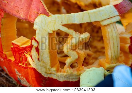 Chadds Ford, Pa - October 18: Person Carving Pumpkin At The Great Pumpkin Carve Carving Contest On O