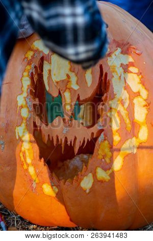 Chadds Ford, Pa - October 18: Person Carving Pumpkin At The Great Pumpkin Carve Carving Contest On O