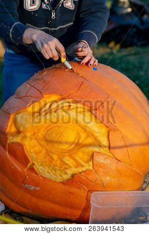 Chadds Ford, Pa - October 18: Person Carving Pumpkin At The Great Pumpkin Carve Carving Contest On O