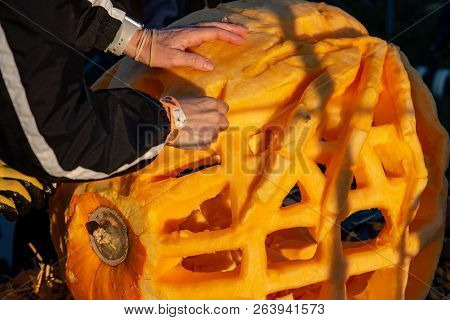 Chadds Ford, Pa - October 18: Person Carving Pumpkin At The Great Pumpkin Carve Carving Contest On O