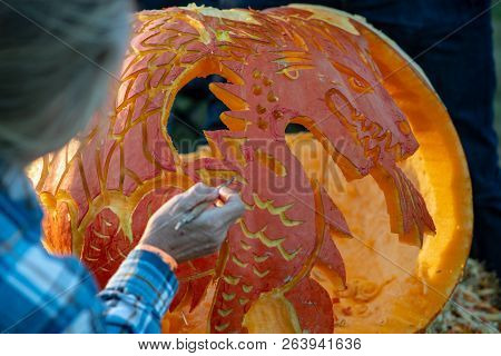 Chadds Ford, Pa - October 18: Person Carving Pumpkin At The Great Pumpkin Carve Carving Contest On O