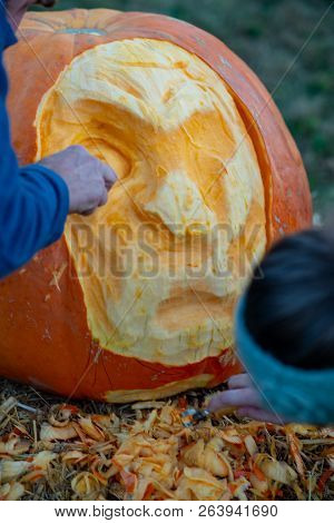 Chadds Ford, Pa - October 18: Person Carving Pumpkin At The Great Pumpkin Carve Carving Contest On O