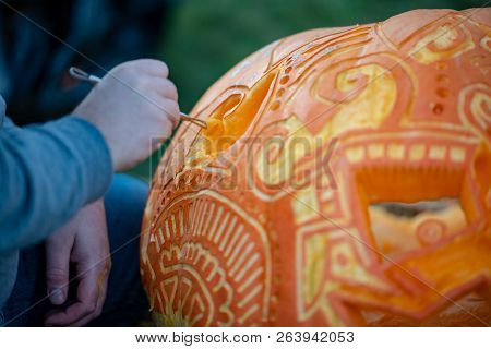 Chadds Ford, Pa - October 18: Person Carving Pumpkin At The Great Pumpkin Carve Carving Contest On O