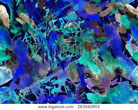 Distress Seamless Pattern. Blue Watercolor Brush Stroke Grunge Tile. Watercolour Abstract Splash Pai