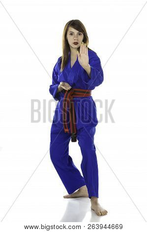 Female Red Belt Student Practicing Tae Kwon Do Martial Arts Moves In A Blue Dobok Or Gi (uniform) Is