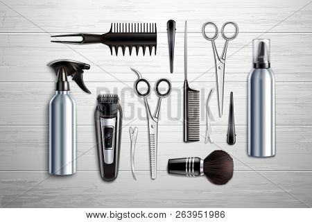 Hairdressing Salon Barber Shop Tools Collection Realistic Top View With Scissors Trimmer Clipper Mon