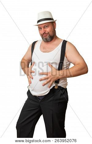 A Man With A Big Belly Shows His Size With His Hands.