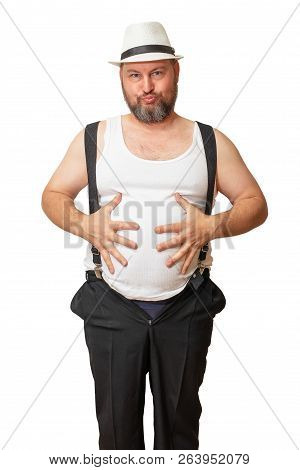 A Man With A Big Belly Shows His Size With His Hands.