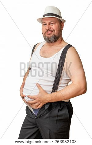 A Man With A Big Belly Shows His Size With His Hands.