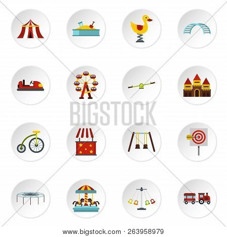 Amusement Park Icons Set In Flat Style. Attraction Park Set Collection Icons Set Illustration