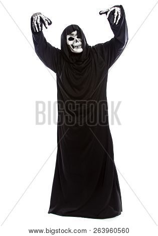 The Grim Reaper Or Death Halloween Costume Isolated On A White Background.  The Skeleton Is Wearing 