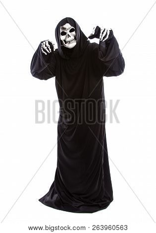 The Grim Reaper Or Death Halloween Costume Isolated On A White Background.  The Skeleton Is Wearing 