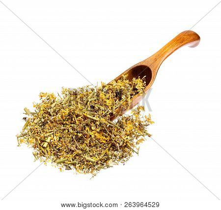 Dried Melilotus Officinalis Yellow Sweet Clower On The Wooden Spoon Isolated.