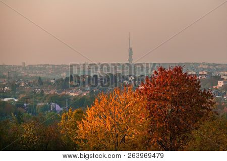 View Of Evening Fall Landscape Of Czech Republic Capital City, Prague, Europe, Famous Tall Observati
