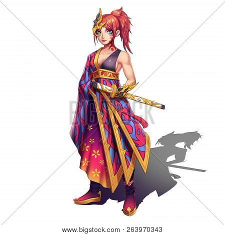 Cold,elegant,hot Beautiful Samurai Girl With Swords.anime And Cartoon Style Isolated On White Backgr