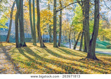 Old Casttle Park At Autumn. Yellow Leafs, Ruins And Architecture. Travel Photo 2018.
