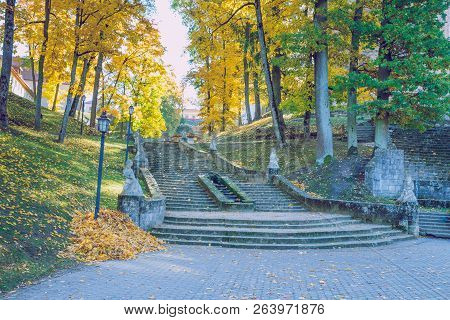 Old Casttle Park At Autumn. Yellow Leafs, Ruins And Architecture. Historic Buildings. Travel Photo 2