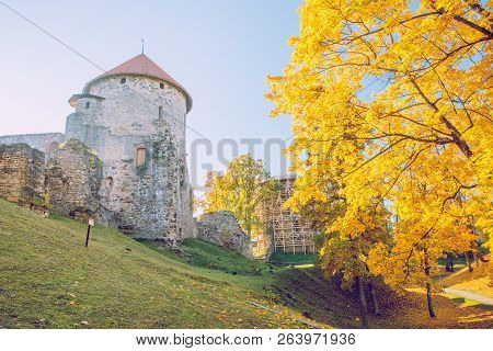 Old Casttle Park At Autumn. Yellow Leafs, Ruins And Architecture. Historic Buildings. Travel Photo 2